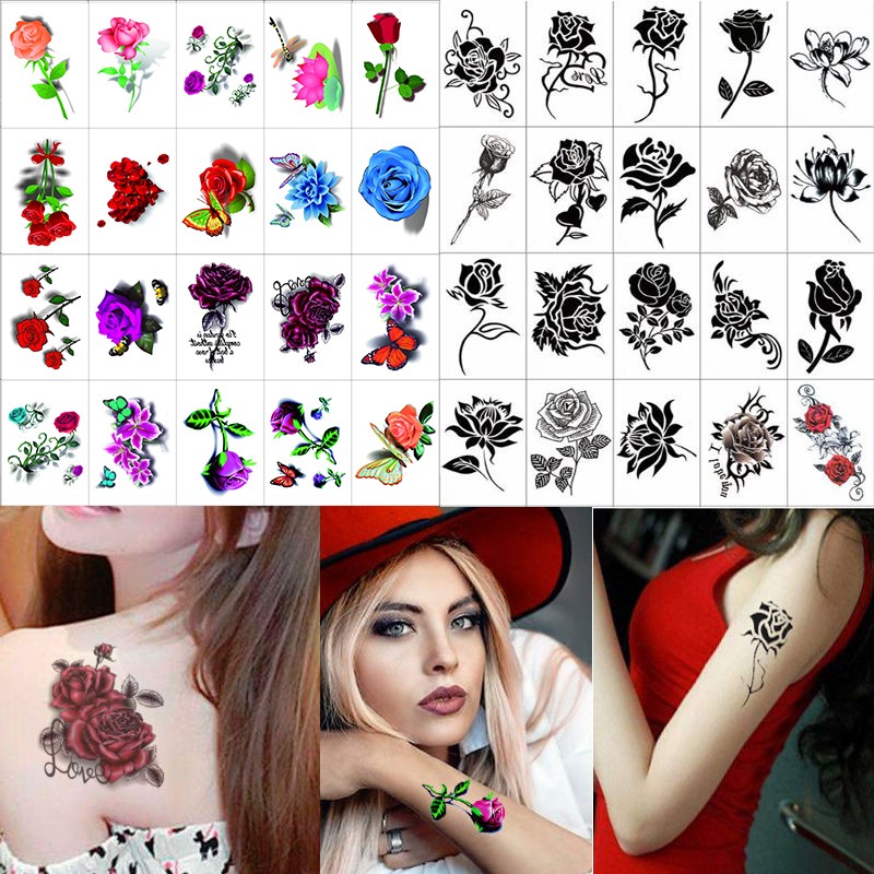 【40张套装】纹身贴防水女个性立体3D立体黑色玫瑰花身体彩绘逼真小清新刺青贴
