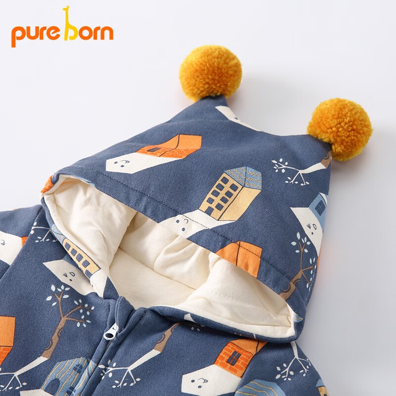 博睿恩男女宝宝连体衣婴儿衣服秋冬季爬服夹棉连帽加厚新生儿外出服 小房子蓝 80cm