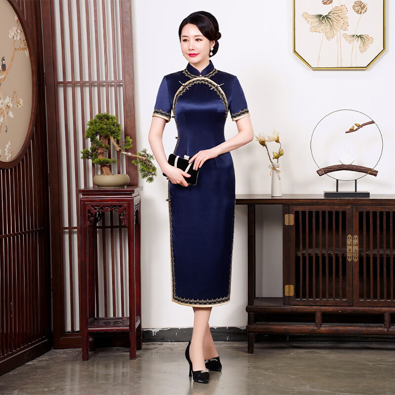 旗袍连衣裙长款旗袍雅中国风刺绣旗袍立领订制 蓝色【定制款不退】 m