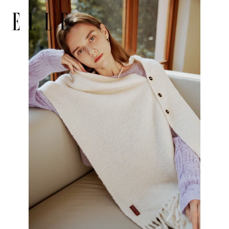 ELLEELLE 羊毛围巾女士秋冬保暖披肩两用斗篷空调房礼物 米杏色