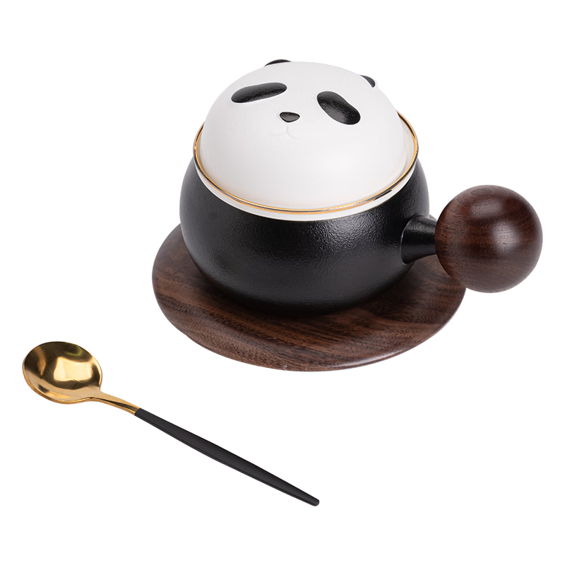 苏氏陶瓷熊猫茶水分离办公茶格杯咖啡杯（黑）J0886