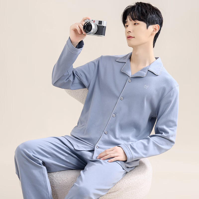 猫人纯棉家居服纽扣款 160g 云感睡衣 可外穿保暖家居服套装 深蓝 XL