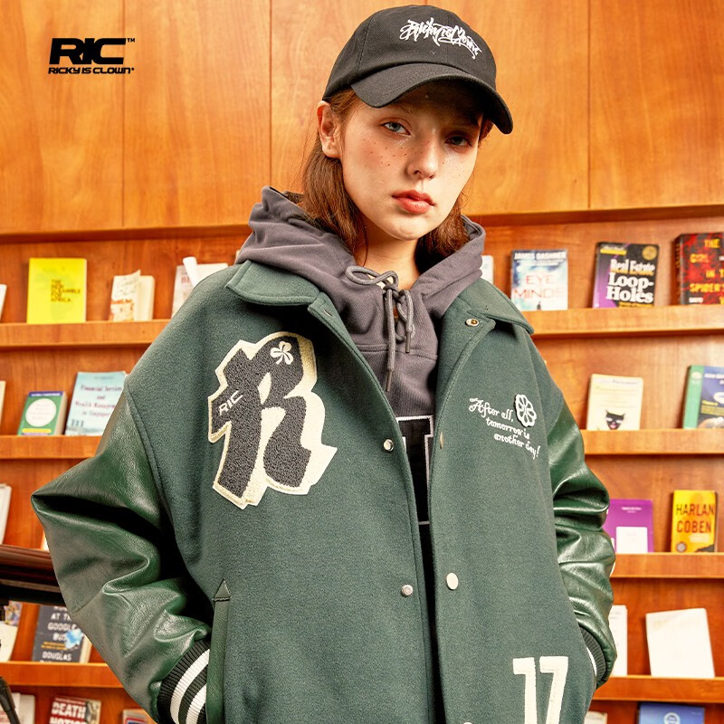 rickyisclownric小丑重磅章仔绣花翻领夹棉棒球服夹克外套男潮牌 墨