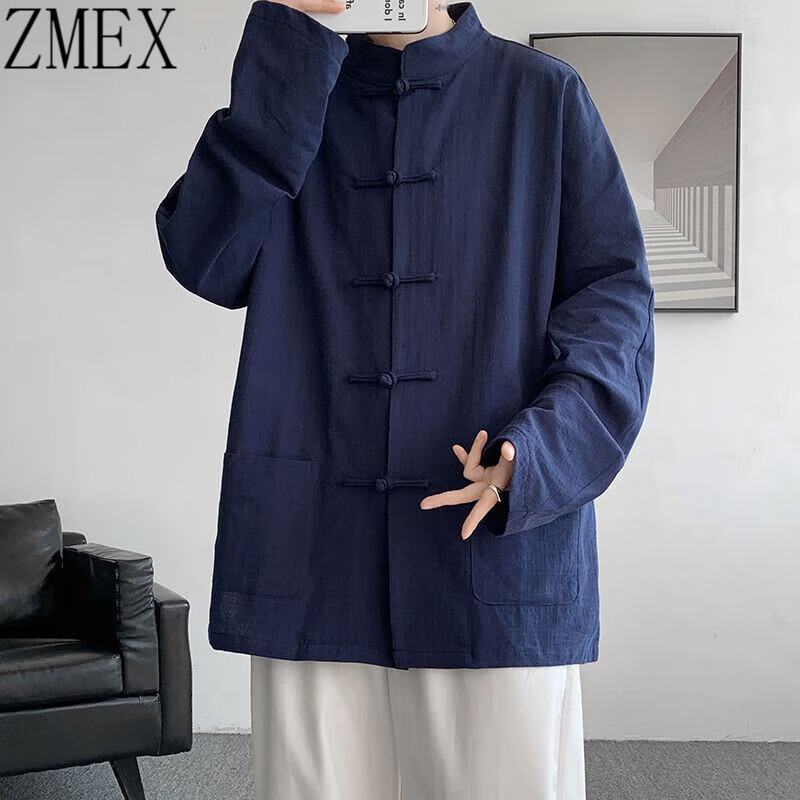ZMEX新中式盘扣亚麻衬衫男长袖中国风马褂汉服唐装外套加肥加大码男装 藏青色五 3XL 145-160斤可穿属于什么档次？