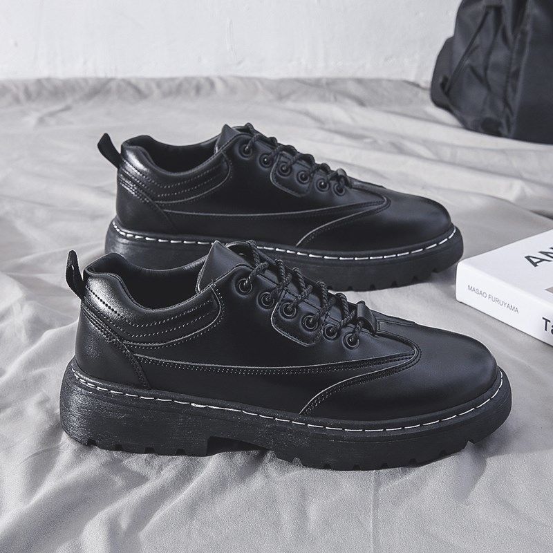 钟阿四青年休闲男士韩版潮流厚底圆头皮鞋男夏季透气男鞋黑色 cl992