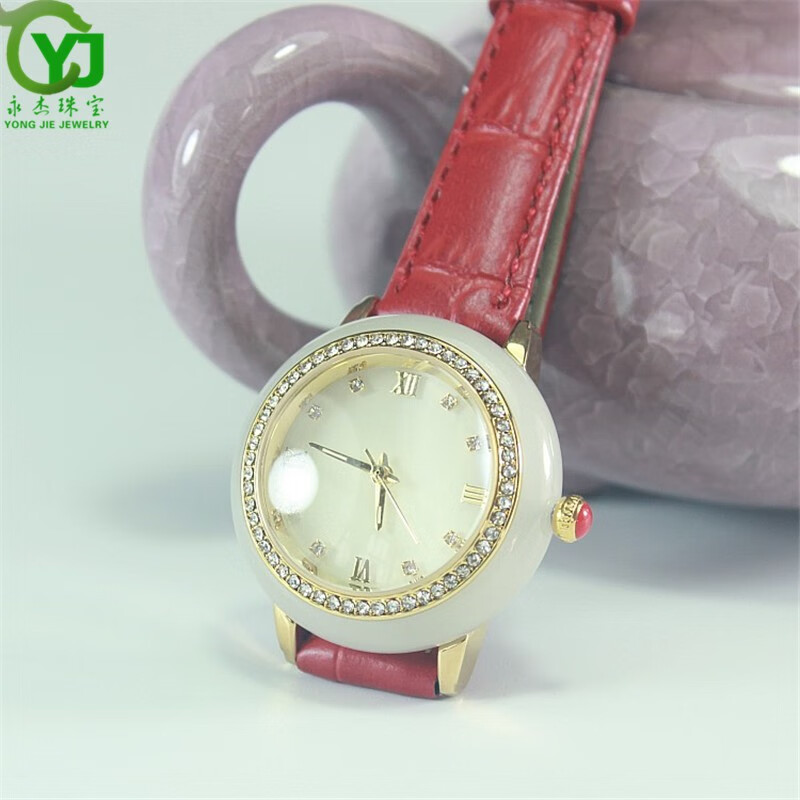 天然和田玉玉石白白玉手腕表男女款石英机芯表真皮情侣款玉石手表
