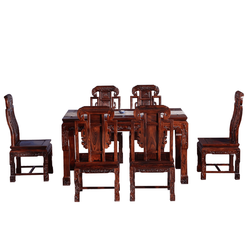 木恒盛红木家具印尼黑酸枝(学名阔叶黄檀)象头如意西餐桌中式实木饭桌组合成套家具 一桌六椅