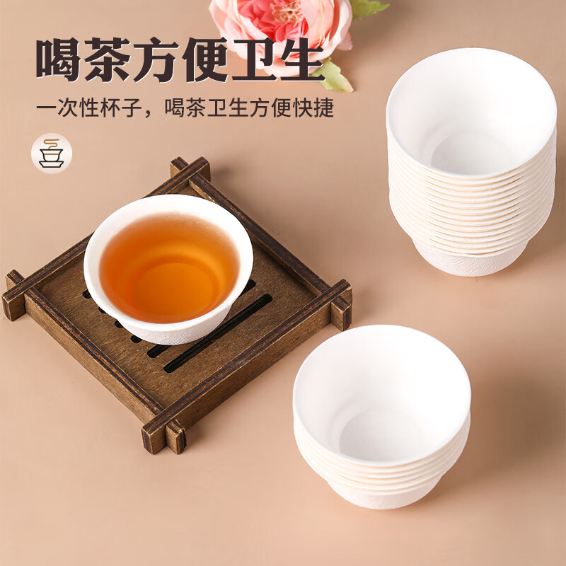 鲁书一次性功夫茶杯甘蔗纤维纸杯小号待客杯加厚试饮杯可降解茶具杯子 甘蔗纤维茶杯1筒【50只】