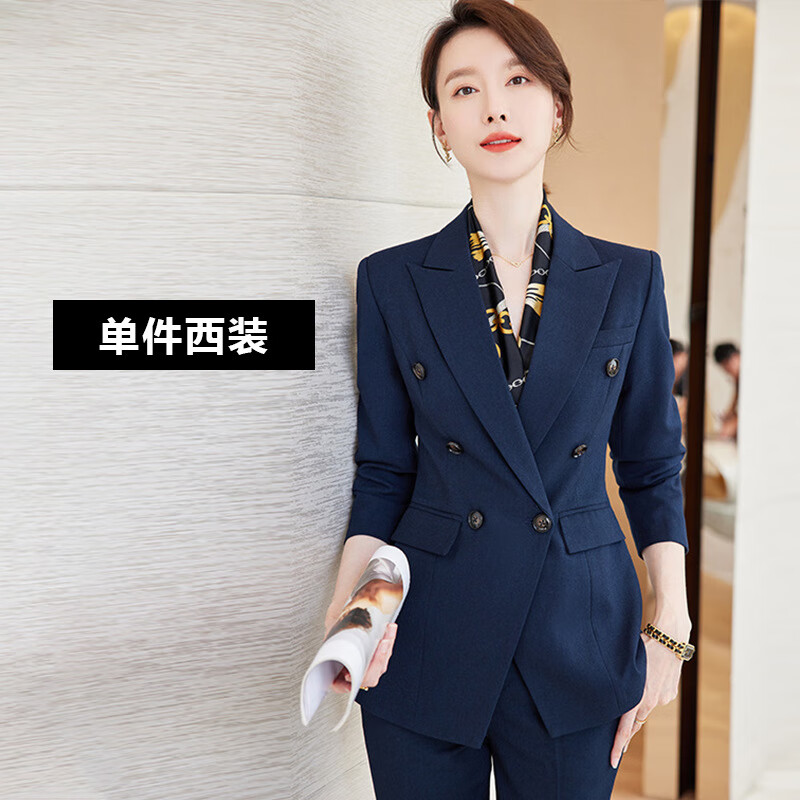 套装女春季韩版气质女神范职场正装西服女工作服 墨蓝色长袖西装 s