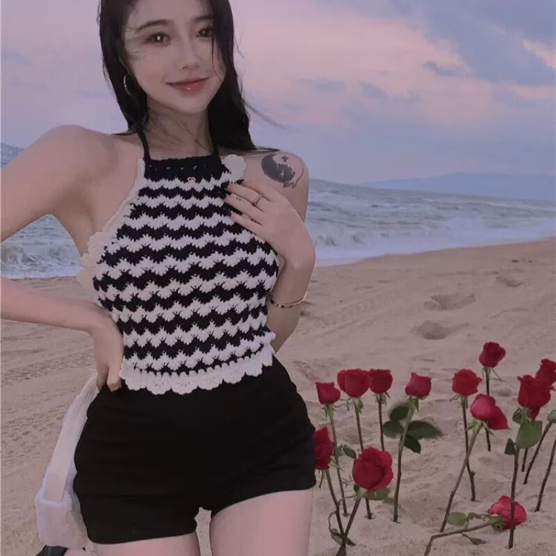 絲瀟小眾格紋掛脖手鉤吊帶背心女夏裝高腰短款露臍甜辣風(fēng)純欲上衣外穿 黑色 S