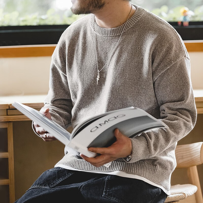 马登工装雪尼尔圆领毛衣保暖亲肤打底针织衫男秋季休闲慵懒上衣 石灰色 【男士毛衣冬季/高级感/线衣】 L （140-155斤）