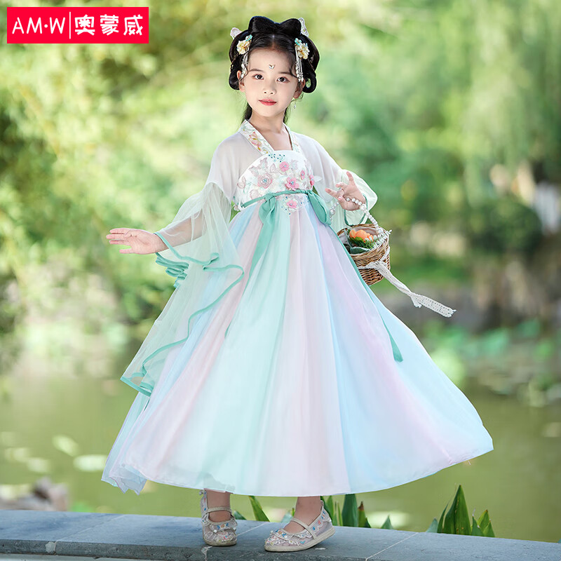 奥蒙威儿童汉服女童春秋古风仙女古风连衣裙襦裙唐装国风SL2791青绿150使用感如何?