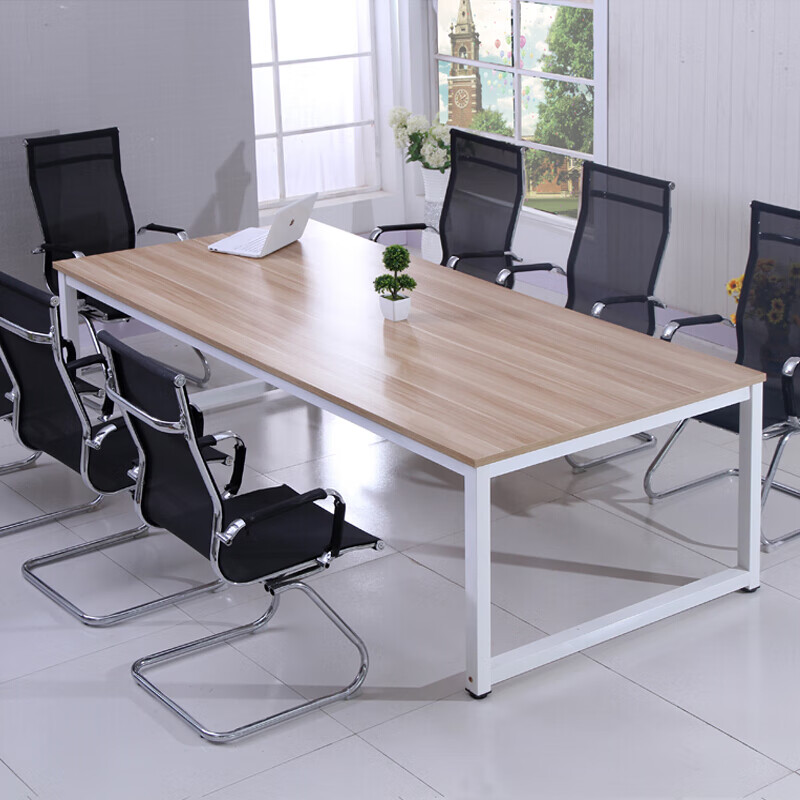 秋佳小型会议桌 职员办公桌开会培训桌洽谈长条桌 白色钢架浅胡桃板 8