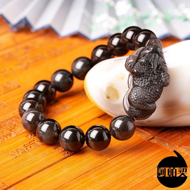 阿帕契 万贯赀财三脚金蟾手串 天然冰种彩眼黑曜石手链 男士饰品轻奢