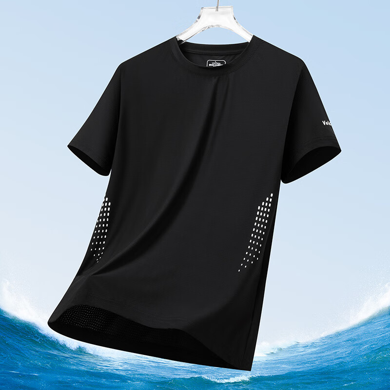 真维斯户外运动短袖男夏季网眼透气速干上衣青少年宽松大码T恤 8266黑色 2XL