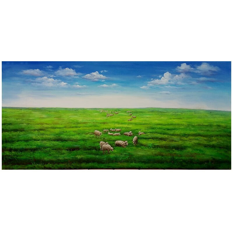 米聆 手绘蒙古一望无际草原装饰画新现代客厅挂画背景墙风水羊油画卓