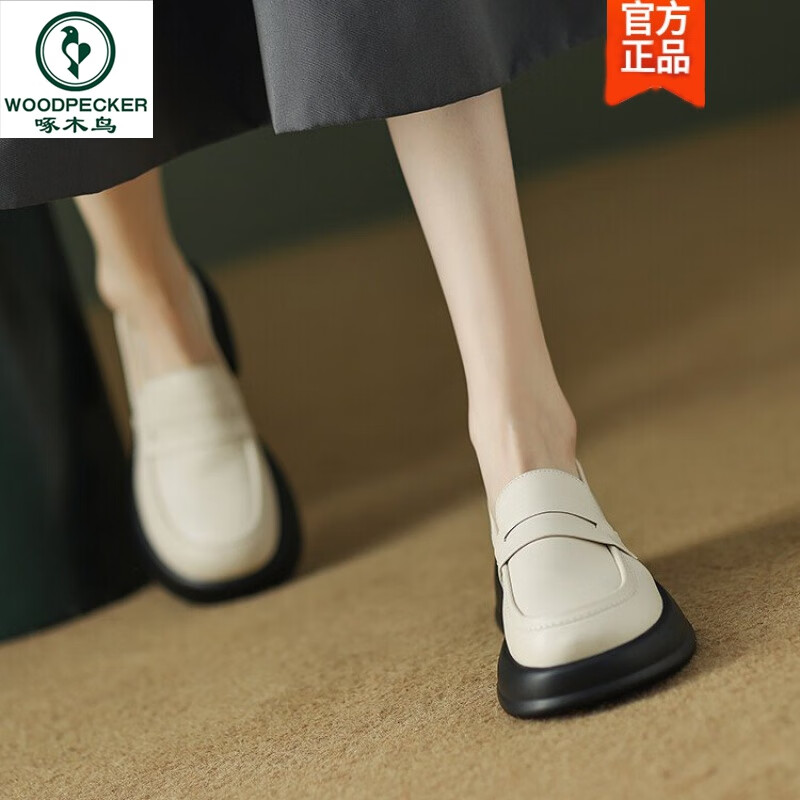 啄木鸟轻奢真皮百搭小皮鞋软底单鞋女2025春秋季新款工作鞋厚底乐福鞋 黑色 38
