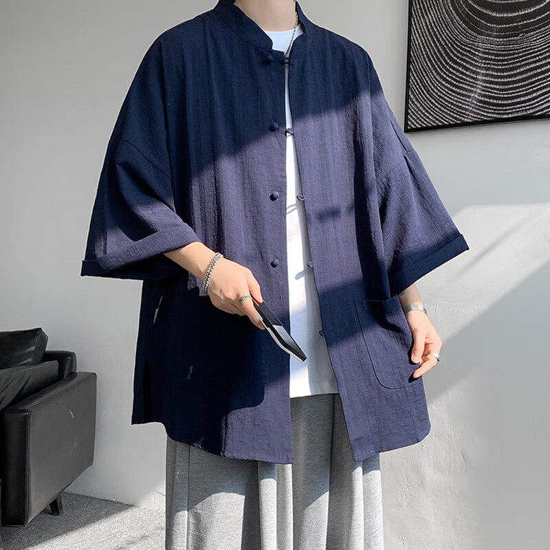 映娇新中式男装国风唐装道袍亚麻短袖衬衫男民汉服长衫外套中山装