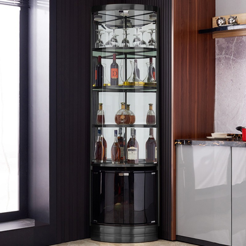 沃蓝尚品 新款展示柜轻奢三角酒柜墙角柜碧桂园样板房玻璃门不锈钢靠墙酒柜家用餐厅转角柜客厅落地三角边柜 豪华款带侧镜带感应灯（钛+黑）