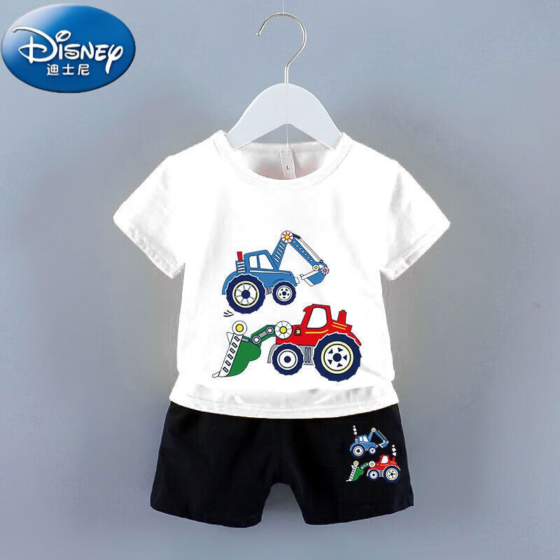 迪士尼（Disney）蜡笔小新衣服男童夏装儿童短袖t恤短裤套装新款中大童男孩衣服 白色【挖掘机全套短套装】 100 【20-30斤】