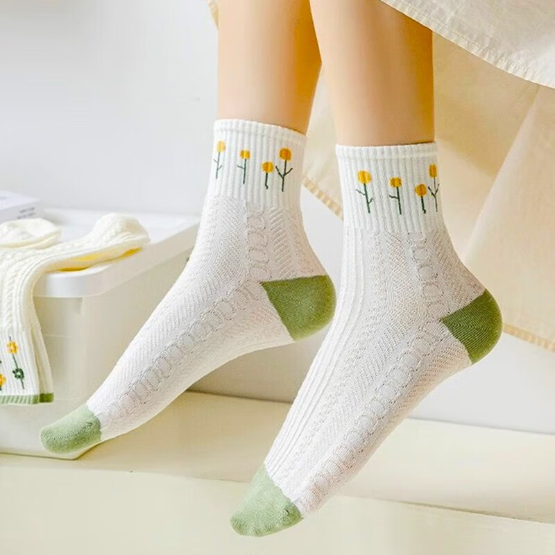 米大爷10双袜子女春秋季中筒棉袜吸汗透气女袜小花休闲百搭潮流女士袜子 小花款中筒女袜 10双 均码