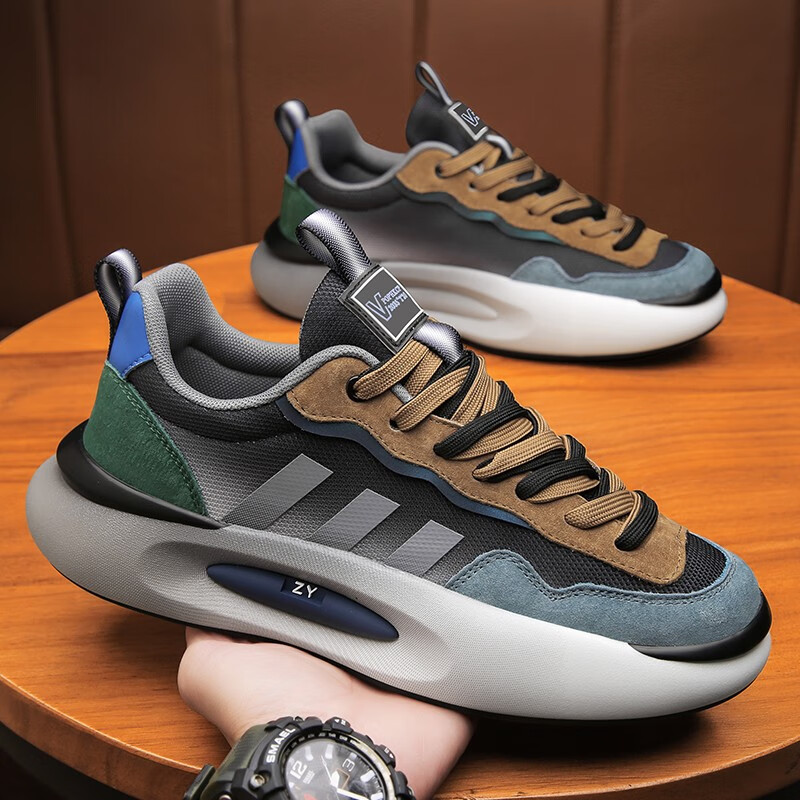 鞋潮鞋时尚运动鞋加厚男士休闲鞋男潮流老爹鞋男透气鞋子男 杏灰色 42