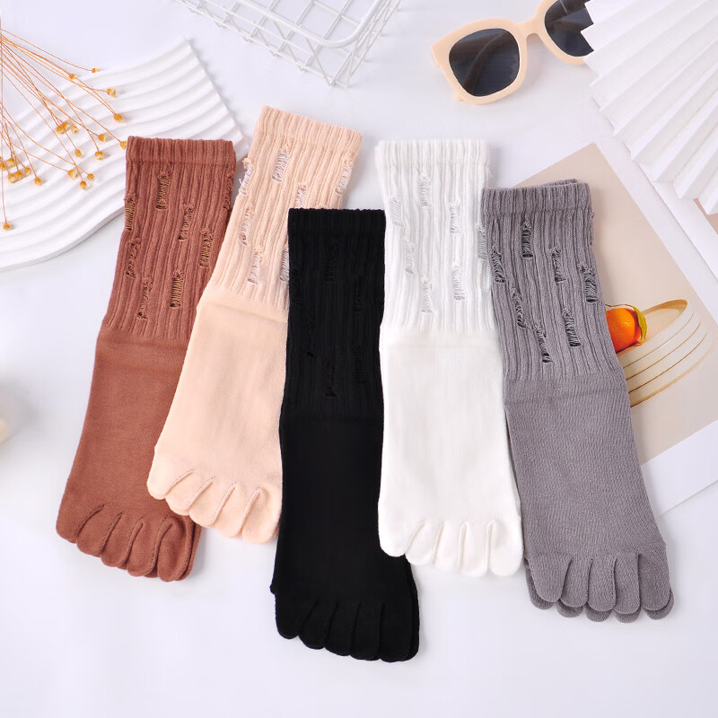 浪莎(langsha)不臭脚五指洞洞袜女秋冬新款ins潮流百搭韩版中长筒学生