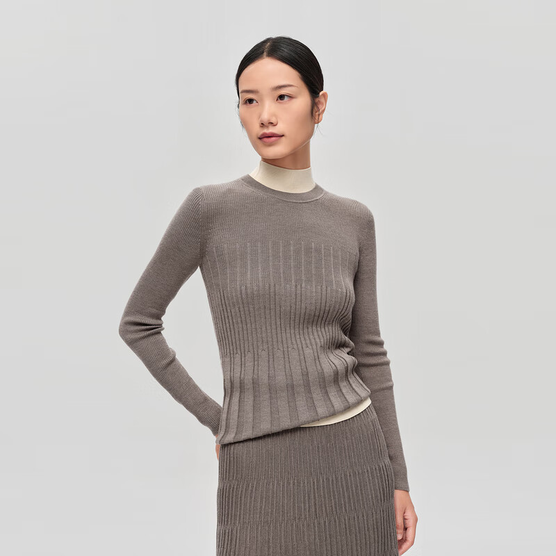 OVV秋冬热卖女装丝羊毛竖条纹肌理圆领休闲长袖针织衫 驼色（净色）B2 L