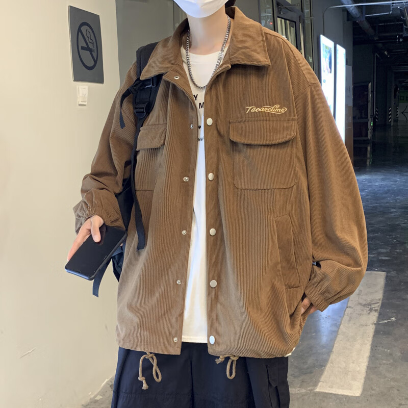 西斯灯芯绒外套男士春夏季日系复古学生痞帅休闲刺绣工装夹克 深棕色