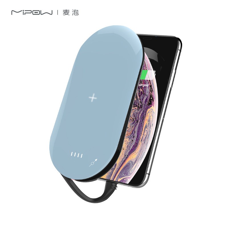 MIPOW麦泡 iPhone11无线充苹果mfi认证自带线充电宝超薄便携充电器可充airpods耳机 浅蓝色
