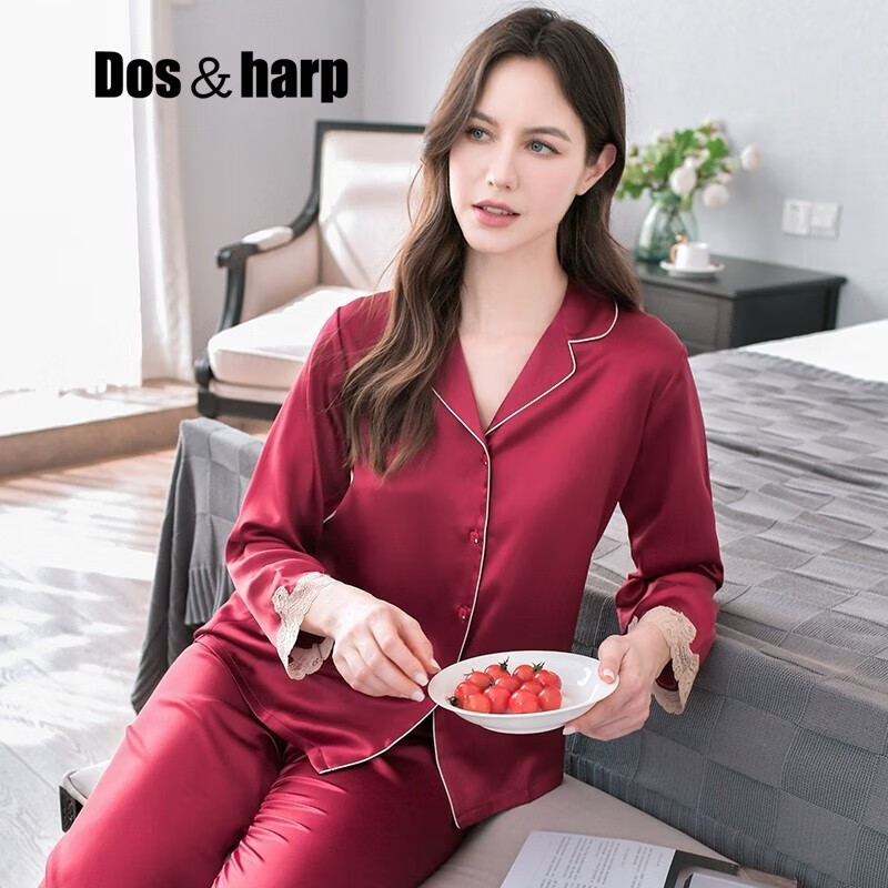 dos&harp品牌轻奢重磅女士真丝睡衣套装新款长袖睡衣高级感蕾丝家居服