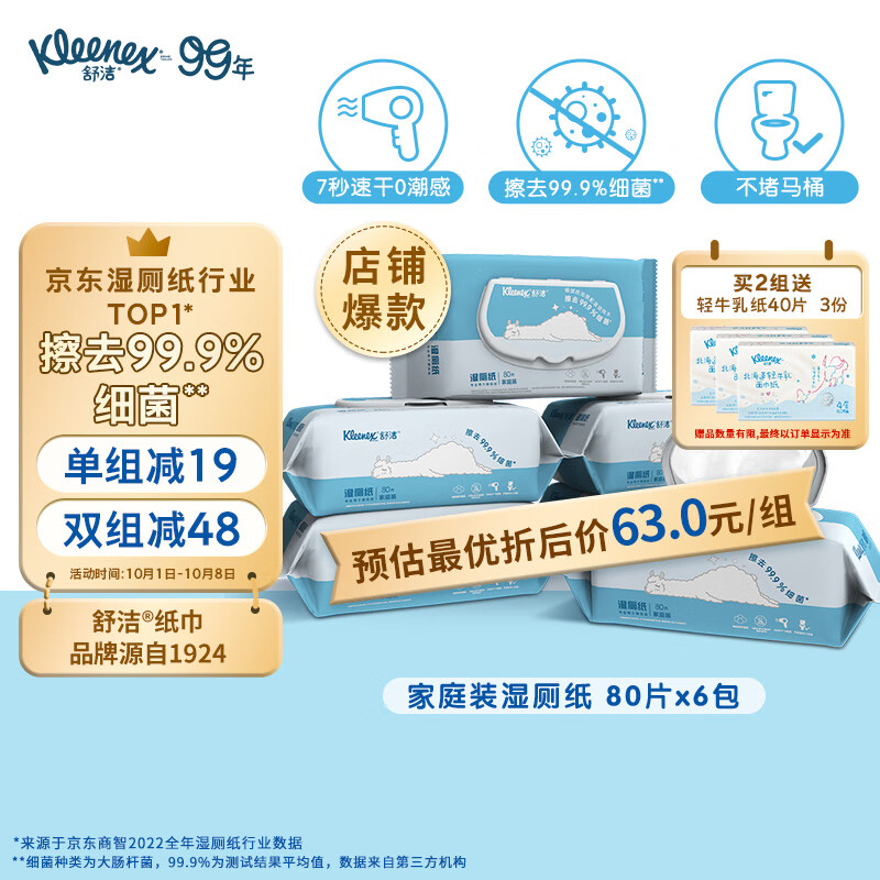 舒洁（Kleenex）湿厕纸家庭装80片*6包（480片）清洁湿纸巾湿巾 擦走细菌怎么看?