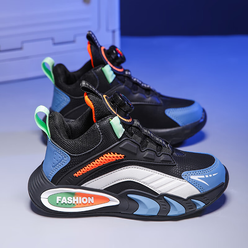 贝天熊男童鞋子秋冬加绒新款女童旋转纽扣透气革面儿童运动鞋儿童跑步鞋 BK111黑桔【革面防水】 30 内长19.0/脚18.0