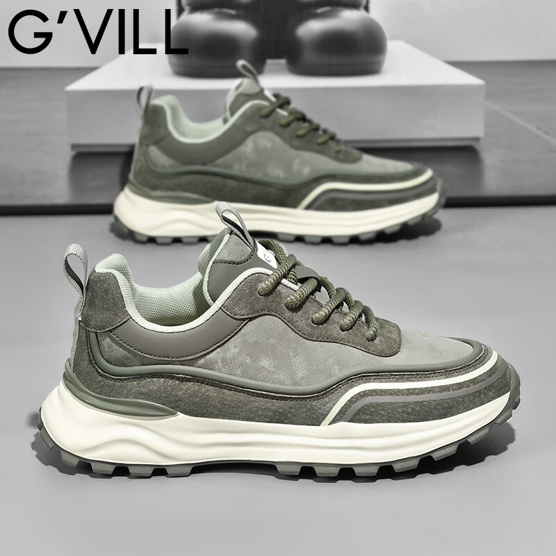 贵之步秋冬季复古男鞋软底新款休闲鞋增高缓震厚底防滑舒适运动鞋男款 豆绿 G005 43 （运动鞋码）