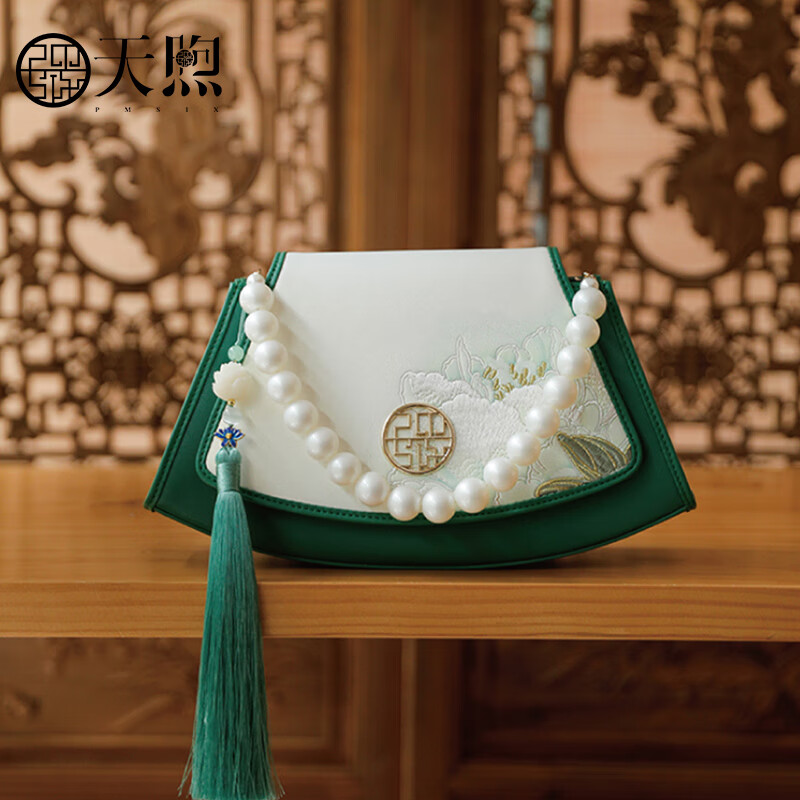 PmSix复古中国风绣花女包生日礼物送妈妈纯牛皮女包中年女士单肩斜挎包 翠绿色-送礼盒包装