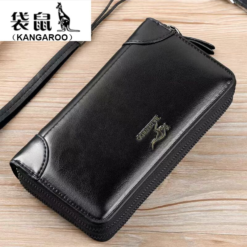 袋鼠男士手包多卡位皮夹大容量双拉钱包长款商务手拿包手机包 黑色双