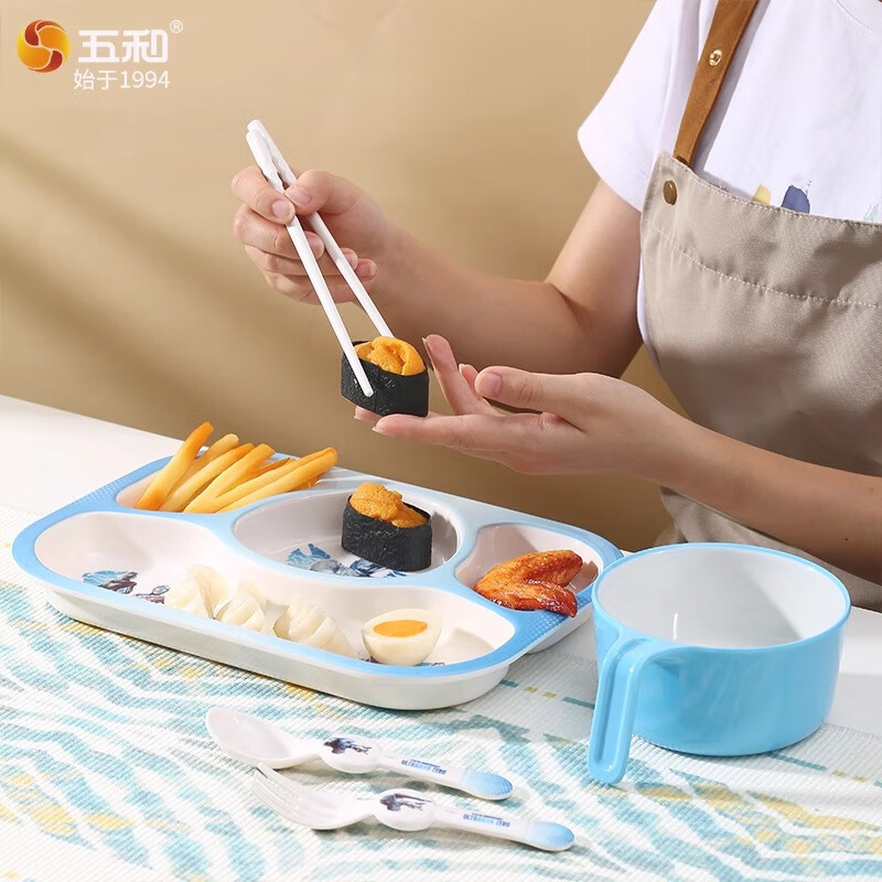 五和儿童餐盘仿陶瓷卡通儿童餐具密胺材质宝宝分隔餐盘婴儿辅食盘碗 奥特曼三格餐盘赠勺子