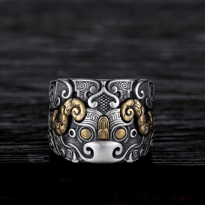 凡丘珠宝 霸气夔龙 银戒指男兽面夔牛镶铜开口银扳指中国风复古神兽银