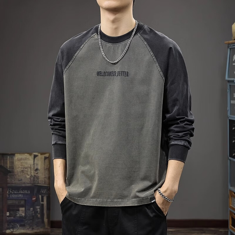 潮天士拼色长袖t恤男宽松春季纯棉美式潮牌男士圆领内搭衣服大码打底衫 黑灰色 L【130-145斤】