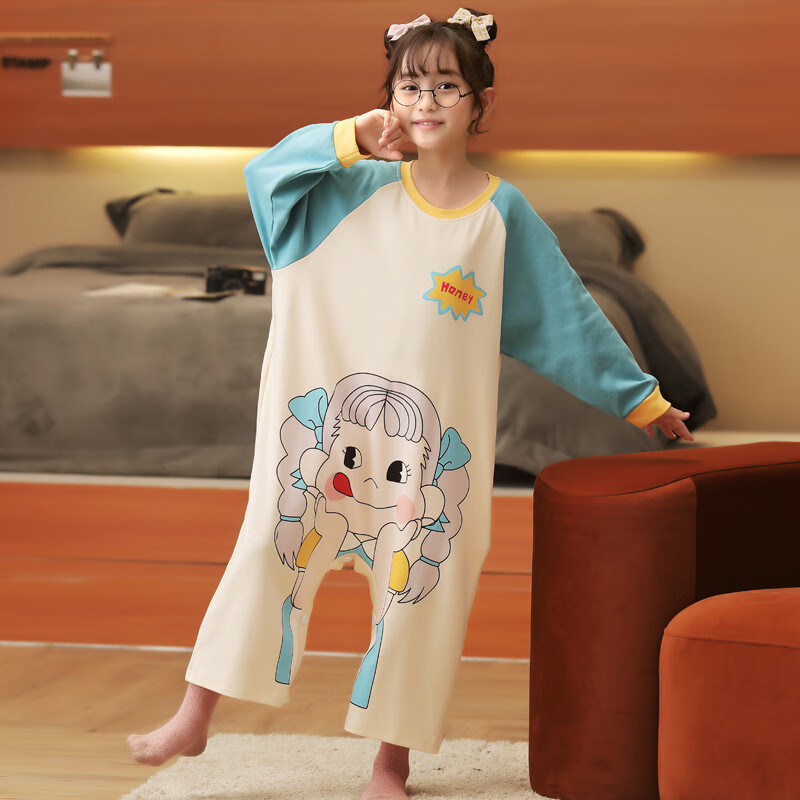 skonwat儿童纯棉连体睡衣春秋季女童家居服宝宝防踢卡通小女孩连体衣