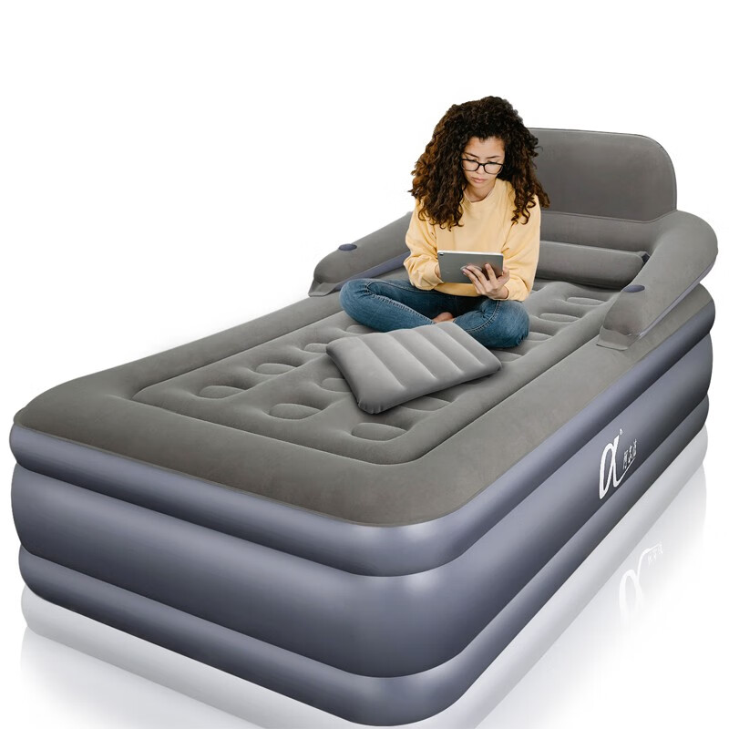 阿尔法 充气床家用三层加高气垫床简易折叠空气床冲气陪护床垫露营床垫 带靠背(203*100*52cm)+家用电泵