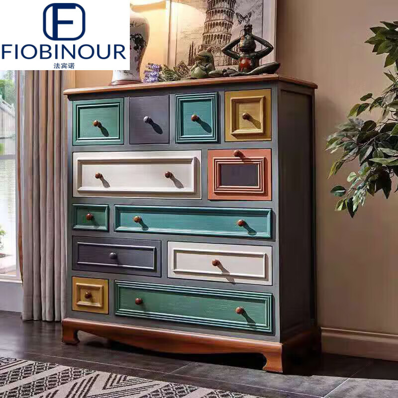 法宾诺FIOBINOUR美式斗柜实木实用卧室复古彩绘多抽屉储物柜欧式客厅多功能收纳柜 蓝绿色十二斗柜104CM