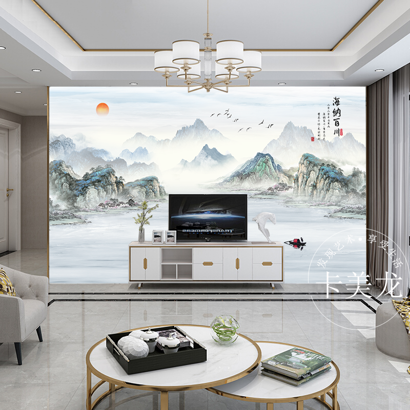 卡美龙 电视背景墙壁纸新中式水墨山水画海纳百川8d立体客厅沙发壁画