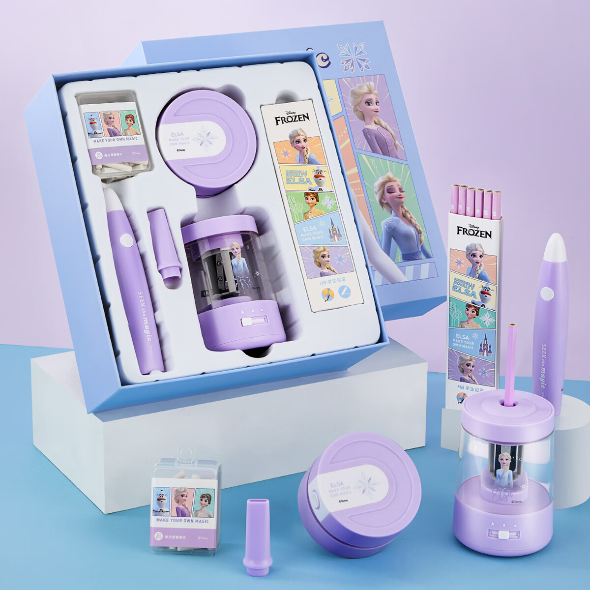 迪士尼文具电动文具礼盒套装电动削笔机/吸尘器/橡皮擦/铅笔儿童毕业礼盒开学礼包学习用品学习套装/礼盒 迪士尼文具/冰雪奇缘