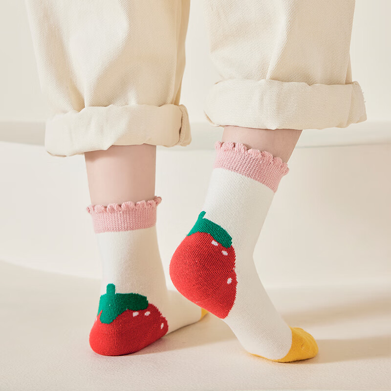 caramella儿童袜子男童女童棉袜亲肤透气中筒袜可爱卡通袜休闲 蝴蝶结草莓5色 5双 9-12岁 (XL)