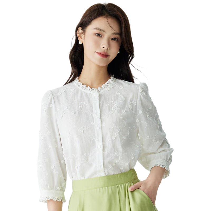 茵曼（INMAN）法式氣質繡花白襯衫女2025春季浪漫花邊圓領中袖襯衣上衣 珍珠白 M