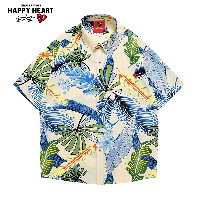 查尔斯桃心短袖衬衫男款夏季夏威夷沙滩度假夏天冰丝凉感花衬衣套装男女同款 蓝色 (170/88A)L