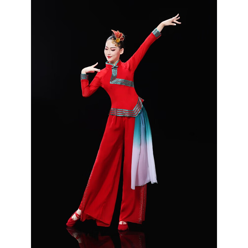 勤度秧歌舞演出服装中老年扇子舞舞蹈服风广场舞表演服 红色 S