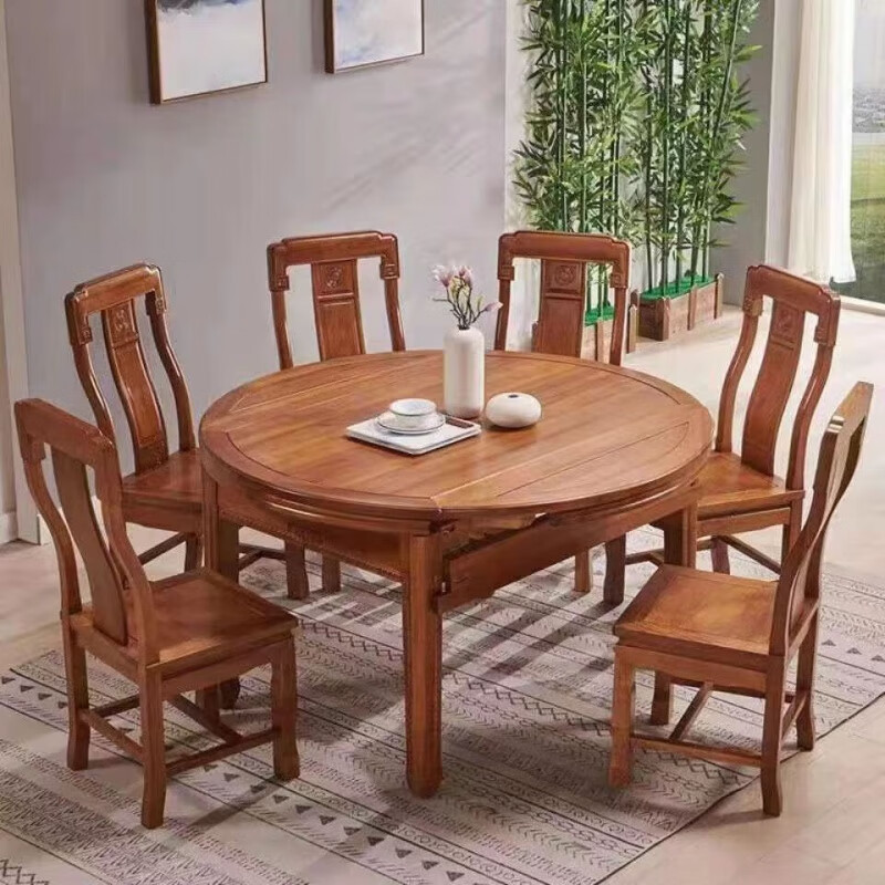 立匠星花梨木全实木餐桌椅组合可伸缩方圆两用传统中式仿古家用圆形桌子 1.38米一桌6椅