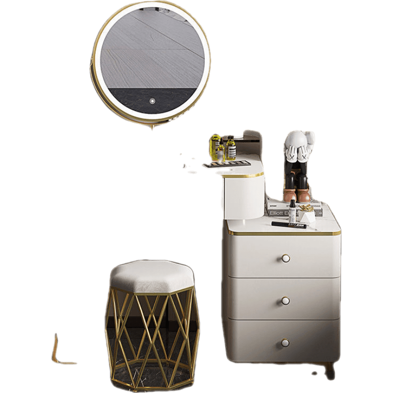 千番町 轻奢梳妆台主卧简约现代小户型多功能双层实木大容量卧室化妆桌化妆台婚房 围挡80组合+智能镜+鸟巢凳【双层梳妆台】 整装